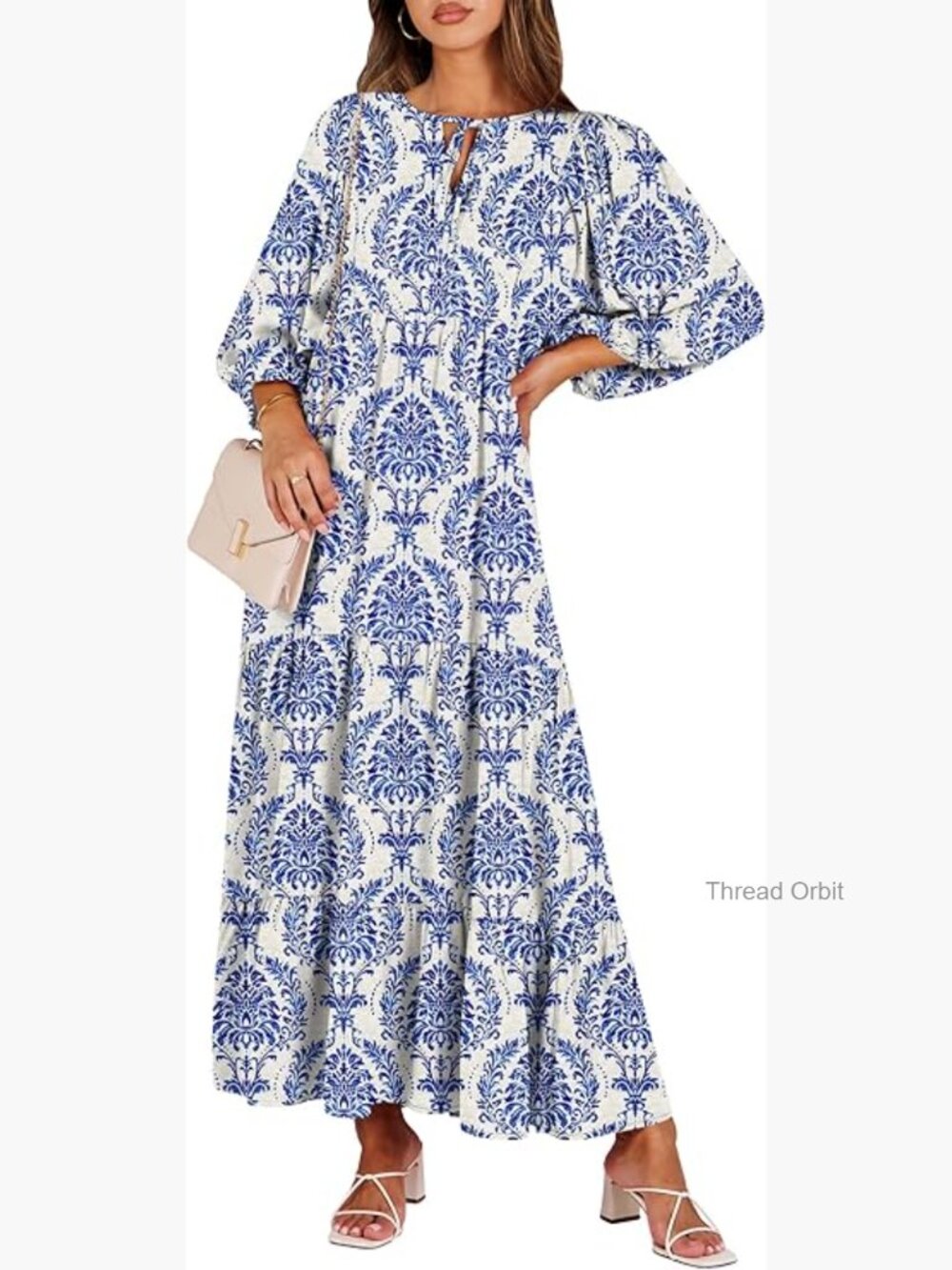 Boho Maxi Dress V Neck Puff Sleeve Flowy Swing Casual Long Dress